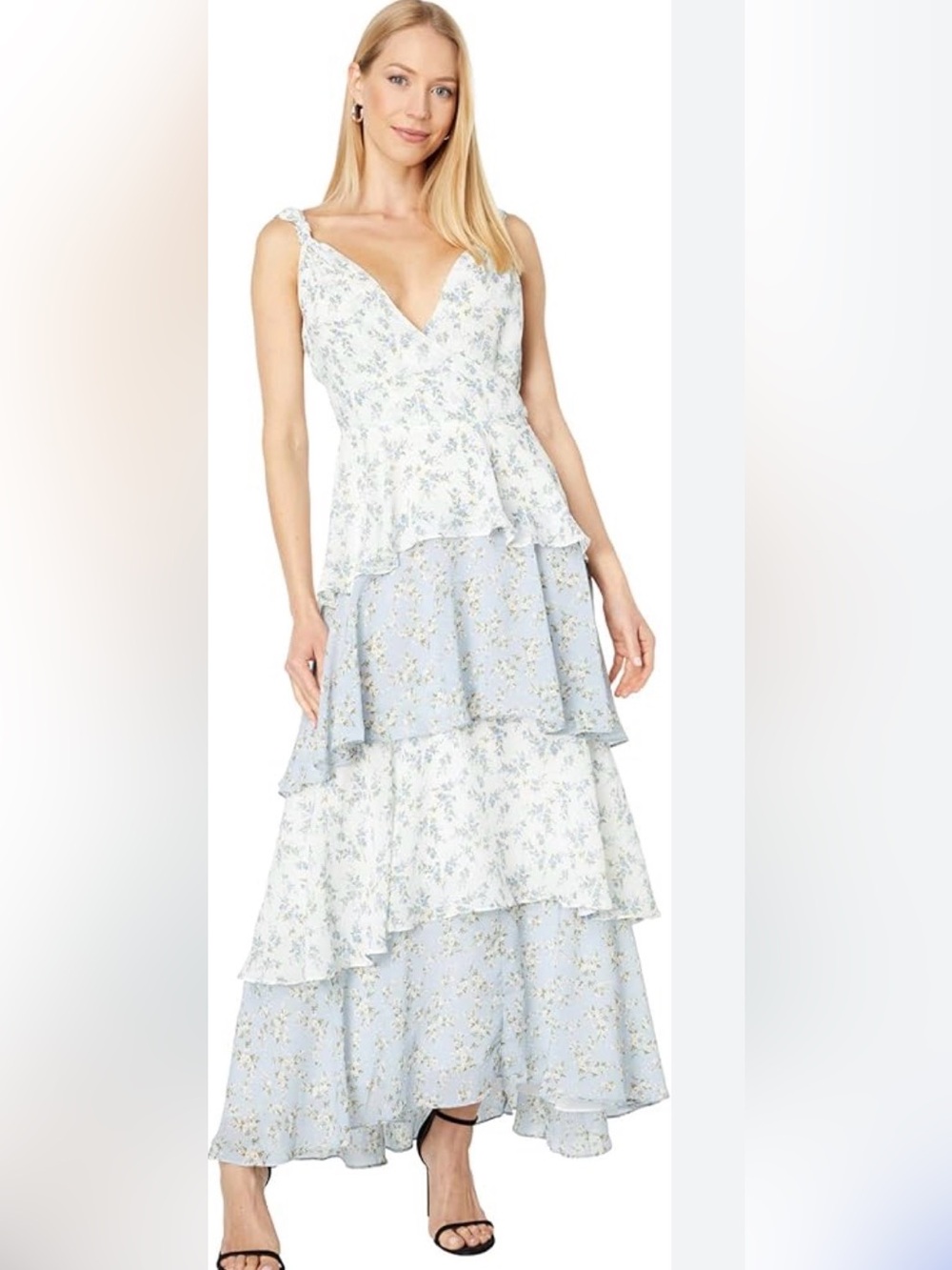 En Saison Sullivan Tiered Midi Dress | Blue & White with Floral Pattern